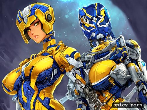 yellow and dark blue colors, female, strong warrior robot, comprehensive cinematic