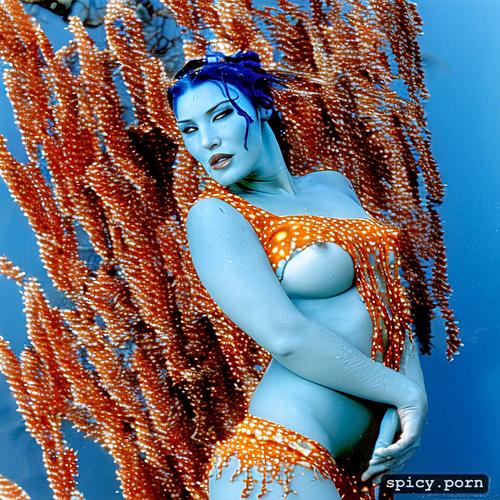 gorgeous symetrical face, visible nipple, 8k, realistic, kate winslet as blue alien from the movie avatar kate winslet swimming underwater near a coral reef wearing tribal top and thong
