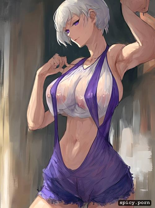 pretty naked female, full body, 3dt, purple eyes, see through tanktop with underboob