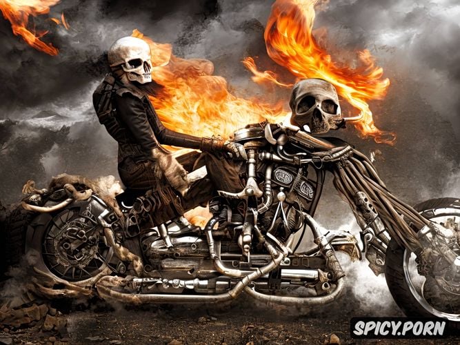 sad skull ghost on twisted motorbike burning