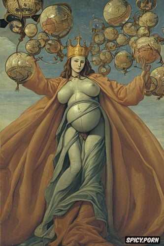 holding a globe, wide open, spreading legs, medieval, virgin mary nude