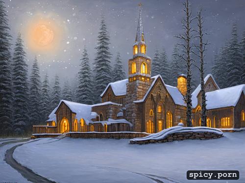 hd, on a beautiful snowy night, at christmas, moonlit, thomas kinkade style painting of a beautiful small church in the middle of an enchanted forest