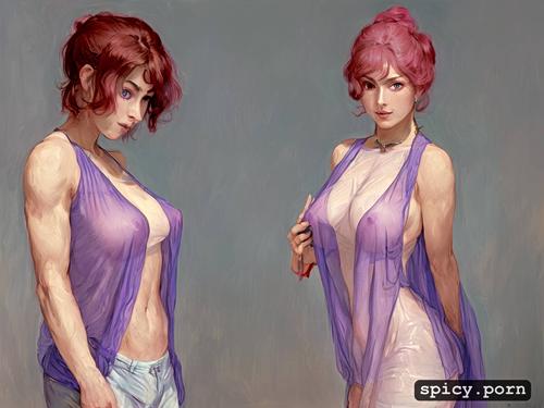 see through tanktop with underboob, full body, pink hair, nude