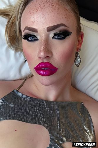 freckles, thick overlined lip liner, duck lips, pink lipstick