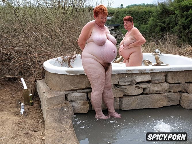 in filthy piss filled bathtub, naked obese bbw granny, massive belly