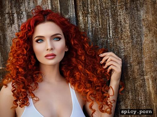 regenerate russian lady 25 years old red curly hair medium body sauna full body image random background