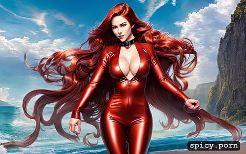 long wavy orange hair, one piece dark red leather suit with black collar
