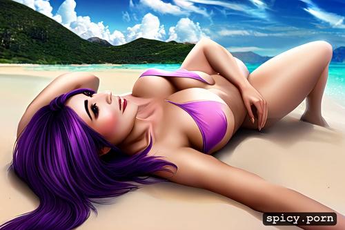 medium shot, purple hair, on beach, sleepwear, stunning face