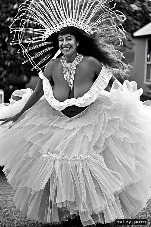 color portrait, beautiful smiling face, long wavy hair, 72 yo beautiful white caribbean carnival dancer