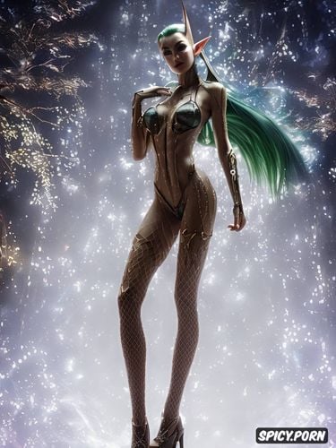 petite female elf like beauty 19yo, as tall as trees, ultra high resolution rendering