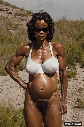 black ebony granny, fit body, dark brown areolas, long outward facing empty breasts1 6