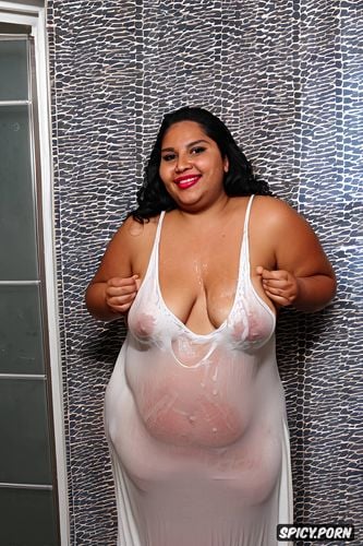 visible pussy, a photo of a short ssbbw mexican milf standing up in the badroom