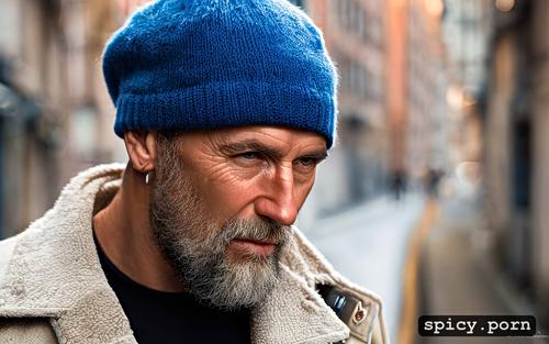 50 yo, scandinavian male, street, grey trousers, photorealistic
