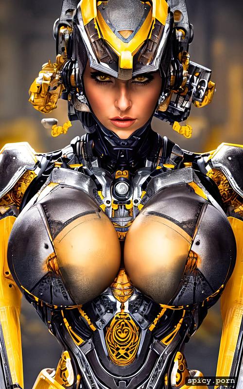 yellow and black colors, female, strong warrior robot, comprehensive cinematic