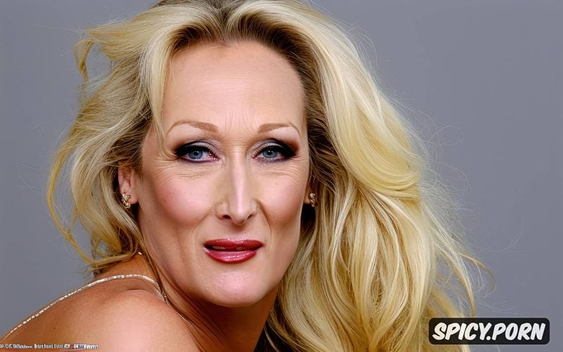gorgeous face, meryl streep, blonde hair, makeup, detailed portrait at her surprised cum covered face