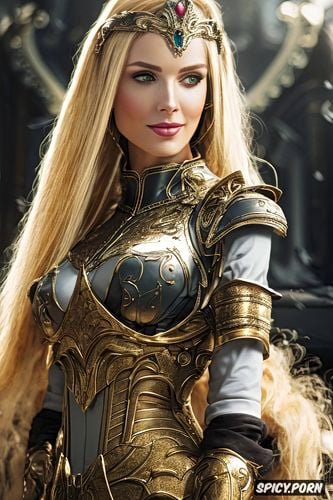 soft green eyes, masterpiece, female knight, long golden blonde hair in a braid