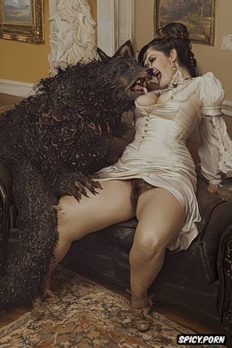 open mouth, husband and wife on couch, dracula, nude, hairy furry wolf beast