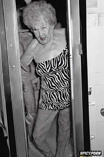 she is wearing zebra print lingerie, fair skin, old senior granny