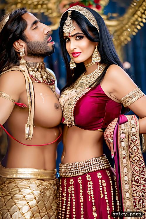 sexy indian bride with long dark hair, and bangs standing in heaven where bride do blowjob to the daemon having 5 head