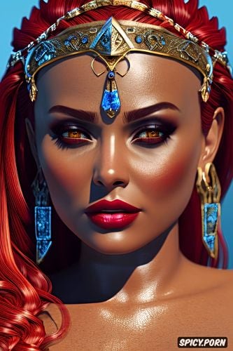 face shot, fantasy barbarian queen beautiful face full lips dark tan skin long soft dark red hair in a braid diadem curvy