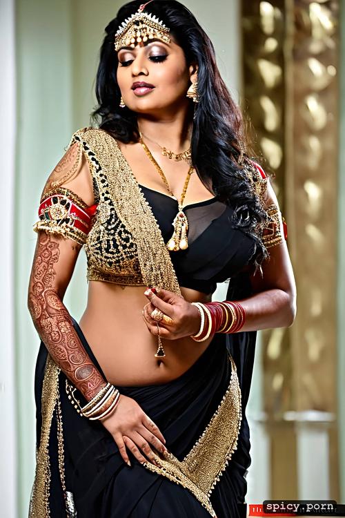 gorgeous face, half saree, black hair, gold jewellery, indian bride