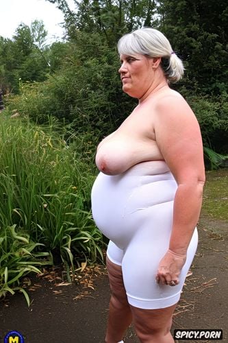 topless, wearing white see through coton loose long shorts, side view