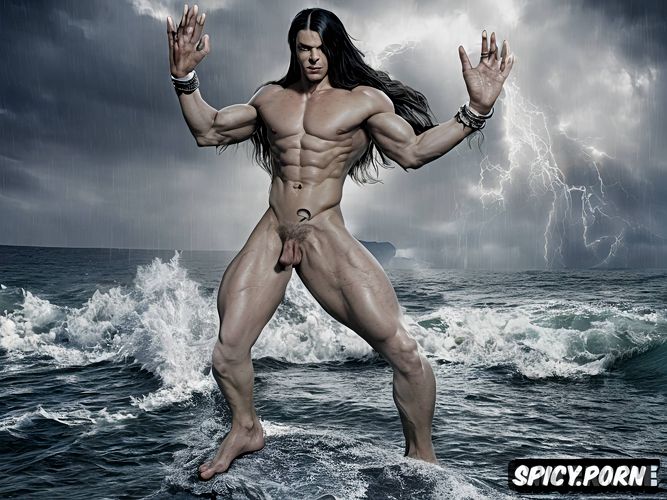 very muscular, walking on water surface oiled body, flashes