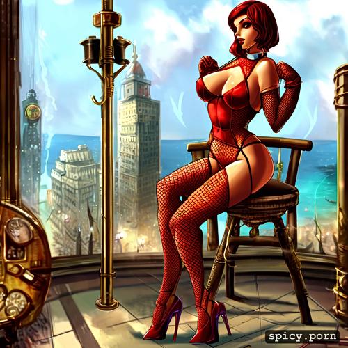 high heels, hourglass figure, long legs, red hair, fishnets pert breasts