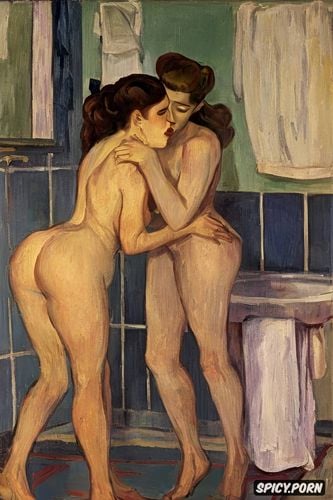 félix vallotton, demure shy reluctant bashful women with red lips and flushed cheeks and dark eyes in shady bathroom bathing intimate tender modern post impressionist fauves erotic art