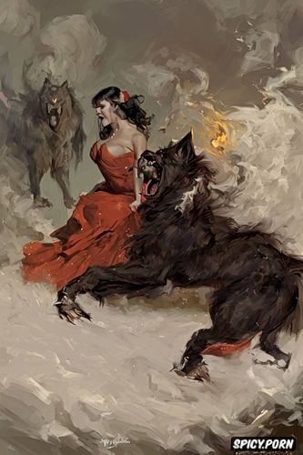 fangs, ferocious beast, werewolf, art by vasily surikov, victorian gown