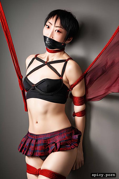 butch freckled chinese woman with a black pixie cut wearing a black tanktop and a short red plaid skirt that has been pulled down exposing her shaved cunt her small breasts are bound tightly with rope she is tied up with a shibari rope harness