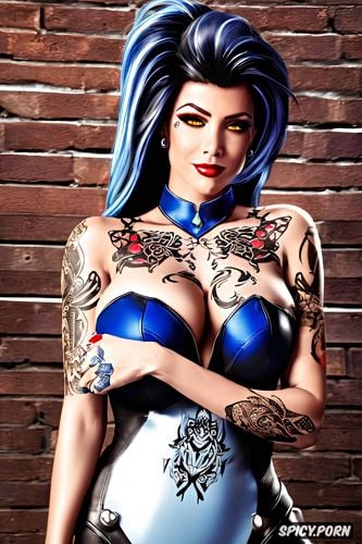 tattoos masterpiece, ultra detailed, widowmaker overwatch beautiful face milf sexy low cut leather mistress outfit