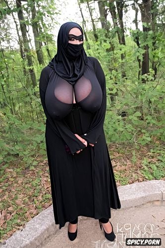 caught by husband, niqab, cuckold, black hijab, huge boobs, masked