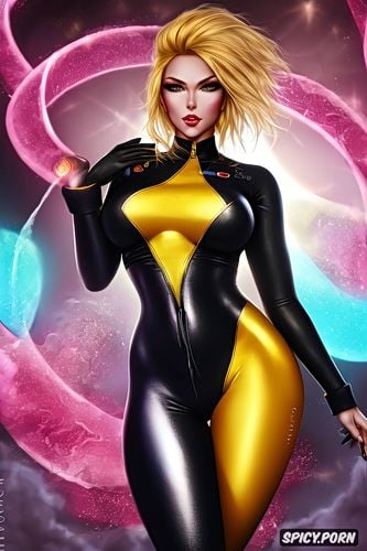 perfect face, woman yellow hair, hot sex body good pussy perfect legs liquid satin gymsuit spandex shiny catsuit grey big boobs fuck hot sex full front view