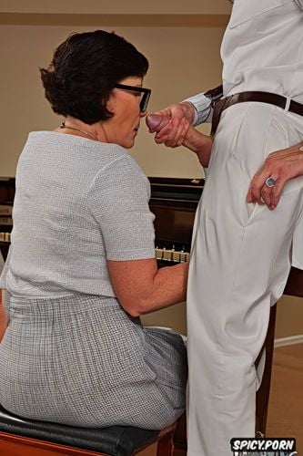 smart dressed, sitting playing a piano, blue long skirt, white hair