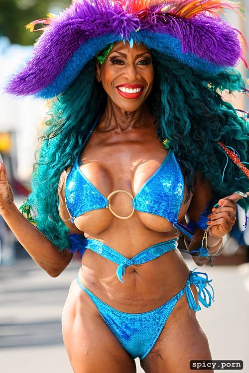 color portrait, perfect stunning smiling face, long hair, 65 yo beautiful performing mardi gras street dancer