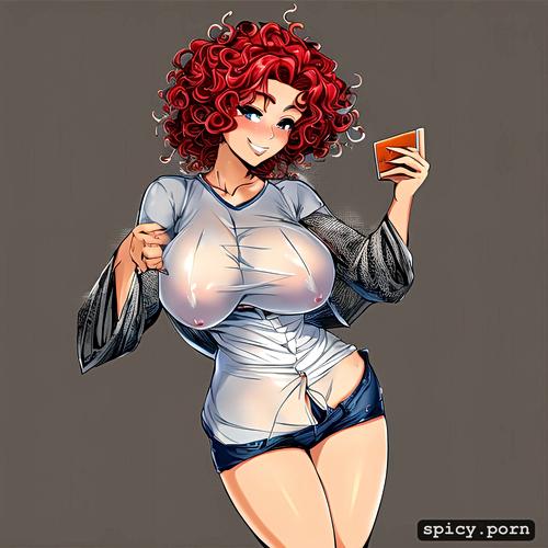 black milf, red hair, precise lineart, happy face, large tits
