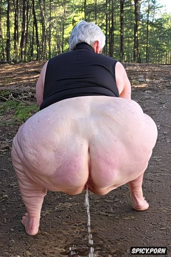 rear view, squatting, white granny, pastel colors, naked, hyperrealistic pregnant pissing muscular thighs red bobcut haircut tanned