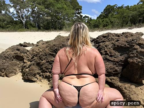 on beach, pov shot, tan lines, massive saggy boobs, white woman