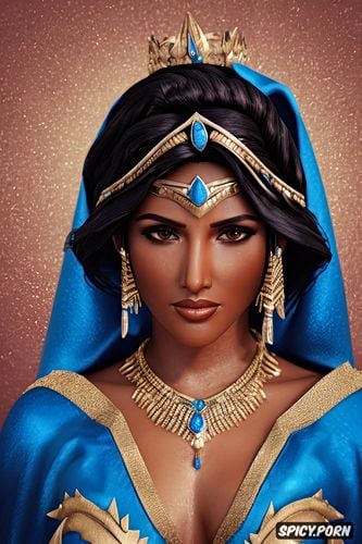 ultra detailed portrait, k shot on canon dslr, masterpiece, pharah overwatch slutty disney princess jasmine tight low cut sheer two piece blue arab robes tiara beautiful face milf