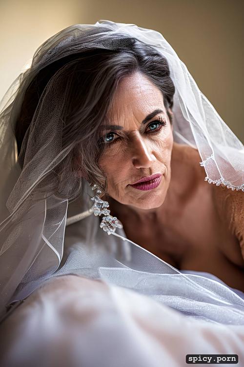 ultra detailed, white alabaster skin, tempting, old plain looking thin 59 yo american spinster on her wedding night in white wedding gown and veil tempting her unseen new husband for the first time with her body sprawled out in bed