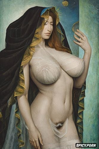 holy virgin mary, hairy vagina, masterpiece painting, bright halo