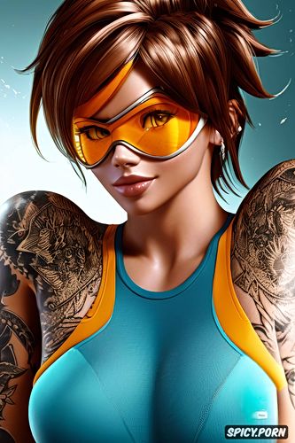 abs, ultra realistic, tracer overwatch tight yoga outfit tattoos beautiful face portrait muscles