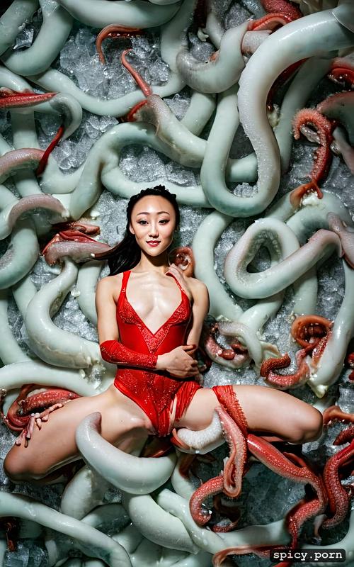 8k, medium boobs, pale skin, mao asada, broken costume, tentacles are mating violently