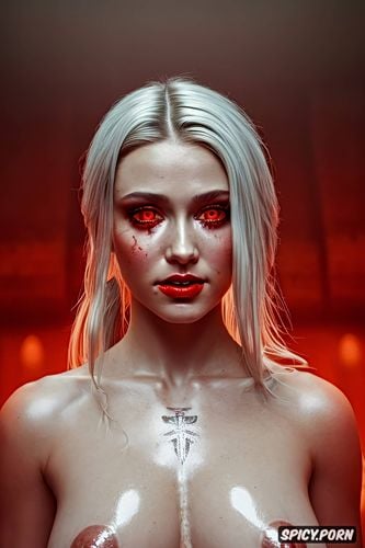 white skin, pale skin, topless, priestess witch, realistic, red glowing eyes