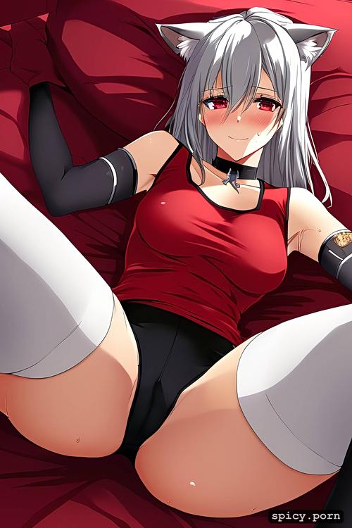 panties to the side, looking at the camera, ruby red eyes, detailed