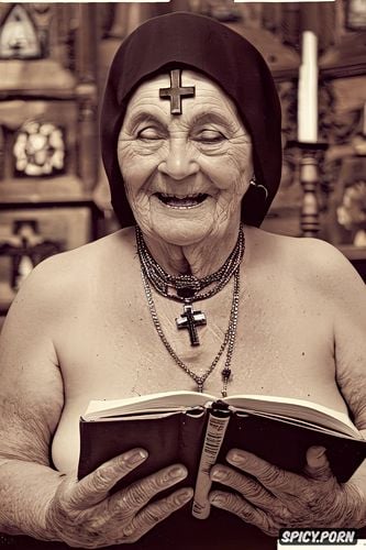 cathedral, ultra old granny, lustful, ultra detailed face, nun