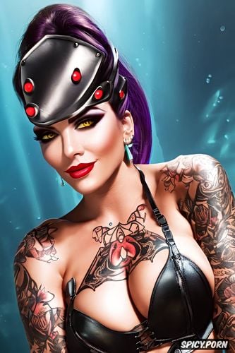 tattoos masterpiece, ultra detailed, widowmaker overwatch beautiful face milf sexy low cut leather mistress outfit