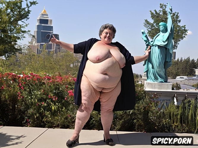 big breasts naked to the viewer, year old fat old woman dressed as the statue of liberty seen in full body showing her well detailed obese body