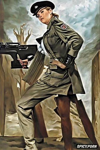 trenchcoat, low angle shot, female nazi officer, rifle, paul peter rubens oil painting franz hals oil painting